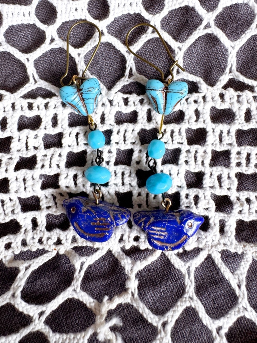 Turquoise & Cobalt Blue Bird Drop Earrings • Handmade Boho Statement - Picture 4 of 4